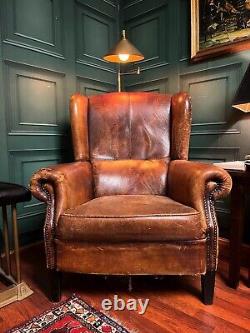 Vintage Dutch Leather Wingback Armchair