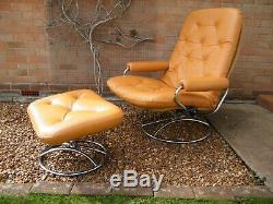 Vintage Ekornes Stressless Mid Century Chairs and Ottoman Tan Leather