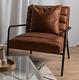 Vintage Faux Tan Leather Armchair Accent Chair Soft Seat Industrial Metal Frame