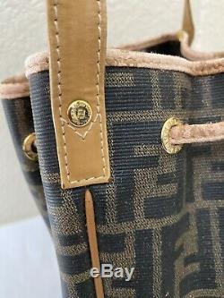 Vintage Fendi Zucca Tan Leather Trim Bucket Shoulder Drawstring XBody Handbag