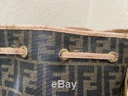 Vintage Fendi Zucca Tan Leather Trim Bucket Shoulder Drawstring XBody Handbag
