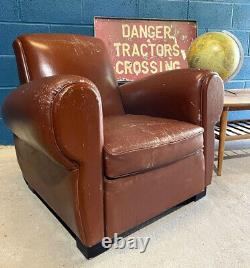 Vintage French Style Faux Tan Leather Distressed Gentlemen's Lounge Club Chair