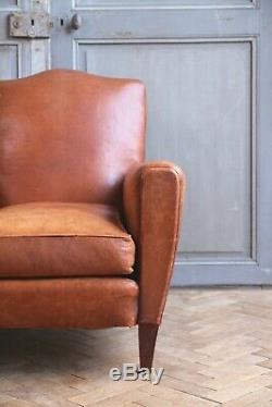 Vintage French Tan Leather Lounge Arm Club Chair Moustache Back Mid Century