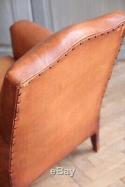 Vintage French Tan Leather Lounge Arm Club Chair Moustache Back Mid Century