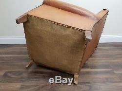 Vintage French Worn Tan Leather Moustache Armchair