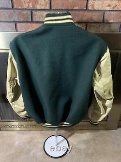 Vintage Green Tan Letterman Leather Bomber Varstiy Jacket Mens Size 44 Vtg Snap