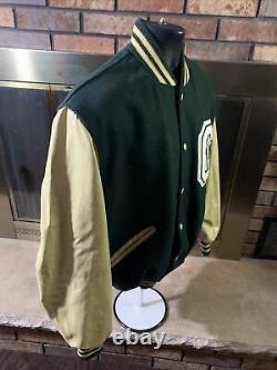 Vintage Green Tan Letterman Leather Bomber Varstiy Jacket Mens Size 44 Vtg Snap