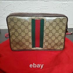 Vintage Gucci Tan With Web PVC And Leather Toiletry/Wristlet