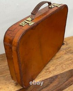 Vintage HONEY TAN leather art deco style briefcase suitcase with PATINA + KEYS