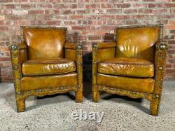 Vintage Halo Pair of Moroccan Style Armchairs Tan Leather with Brass Studs