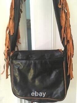 Vintage Handmade Blk Soft Leather bag with Tan fringing