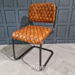 Vintage Industrial Dining Chairs, Brown Genuine Real Leather Diamond Metal, Cafe