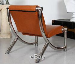 Vintage Italian Sofa and Chair Chrome Tan Leather 1980's Art Moderne