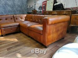 Vintage John Lewis Chesterfield Distressed Tan Leather Club Corner Sofa