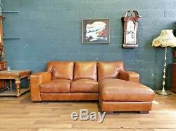 Vintage John Lewis Chesterfield Distressed Tan Leather Club Corner Sofa Suite