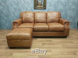 Vintage John Lewis Chesterfield Distressed Tan Leather Club Corner Sofa Suite