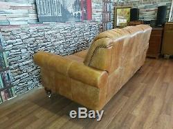 Vintage John Lewis Chesterfield Distressed Tan Real Leather Club Cottage Sofa