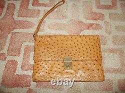 Vintage Mark Cross Germany Ostrich tan leather envelope locking clutch bag purse