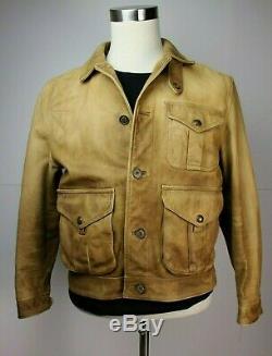 Vintage Mens Polo Ralph Lauren Tan Leather Distressed Hunting Safari Jacket L