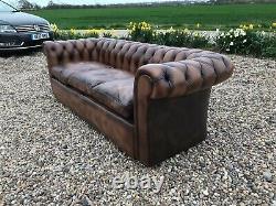 Vintage Mid Century Chesterfield Antique Tan Leather 3 Seater Sofa
