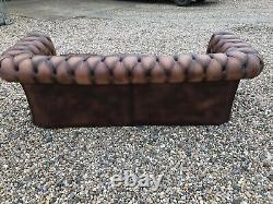 Vintage Mid Century Chesterfield Antique Tan Leather 3 Seater Sofa