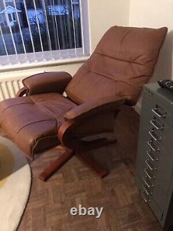 Vintage Mid-Century Danish Dark-Tan Leather Lounge Recliner Swivel Arm Chair