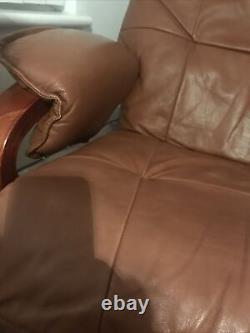 Vintage Mid-Century Danish Dark-Tan Leather Lounge Recliner Swivel Arm Chair