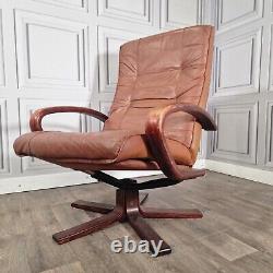 Vintage Mid-Century Danish Tan Vinyl Leather Lounge Recliner Swivel Arm Chair