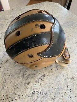 Vintage Old Early 1930's Leather Football Helmet 2 Tone Black Tan Chin Strap
