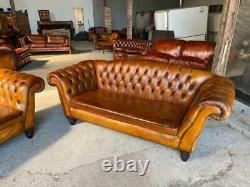 Vintage Pair of Chesterfield hand dyed Tan coloured Leather Sofa