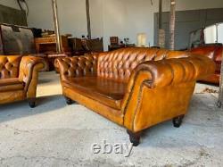 Vintage Pair of Chesterfield hand dyed Tan coloured Leather Sofa