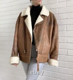 Vintage Real Sheepskin Shearling Aviator Coat Jacket Tan Brown 16uk (12 US)