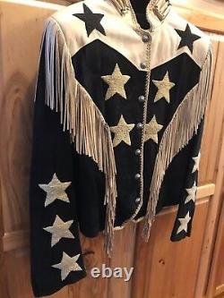 Vintage Ren Ellis Western Jacket, 14, Black/Tan Leather & Suede with Beaded Stars