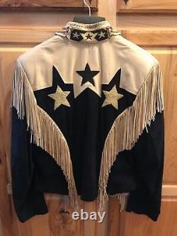 Vintage Ren Ellis Western Jacket, 14, Black/Tan Leather & Suede with Beaded Stars
