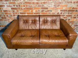 Vintage Retro Danish 1970 Tan Two seater Buffalo Leather Sofa