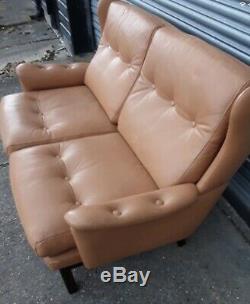 Vintage Retro Mid Century Danish Leather Sofa 2 Seater 60s 70s Tan Leather