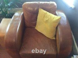 Vintage Retro Tan leather Armchair / Club Chair / Library / Art Deco Lines