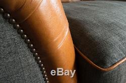 Vintage Rustic Tan Leather & Dark Grey Wool Chesterfield Snuggle Chair, Love