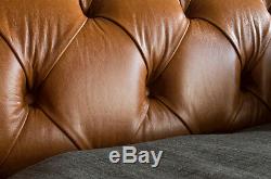 Vintage Rustic Tan Leather & Dark Grey Wool Chesterfield Snuggle Chair, Love