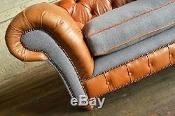 Vintage Rustic Tan Leather & Grey Wool Chesterfield Snuggle Chair, Love Seat
