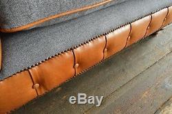 Vintage Rustic Tan Leather & Grey Wool Chesterfield Snuggle Chair, Love Seat