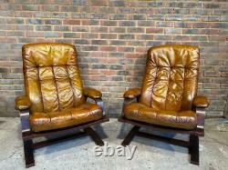 Vintage Scandi 1970 Pair of Reclining Armchairs Tan Leather