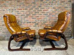 Vintage Scandi 1970 Pair of Reclining Armchairs Tan Leather