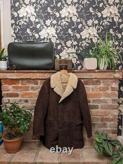 Vintage Sheepskin Leather Shearling Lined Coat Jacket Tan Brown Size L