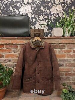 Vintage Sheepskin Leather Shearling Lined Coat Jacket Tan Brown Size L