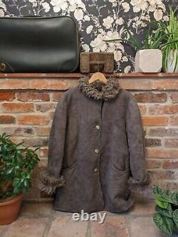 Vintage Sheepskin Leather Shearling Lined Coat Jacket Tan Grey Size XL