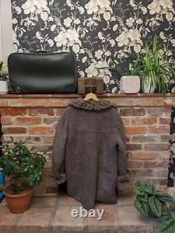 Vintage Sheepskin Leather Shearling Lined Coat Jacket Tan Grey Size XL
