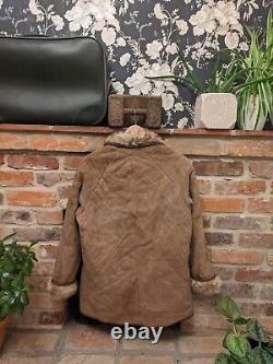Vintage Sheepskin Leather Shearling Wool Fur Coat Jacket Brown Tan Size M