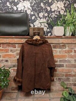 Vintage Sheepskin Leather Shearling Wool Fur Coat Jacket Tan Brown Size L