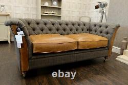 Vintage Sofa Company GRANBY New Harris Tweed & Tan Leather Pair of Medium Sofas